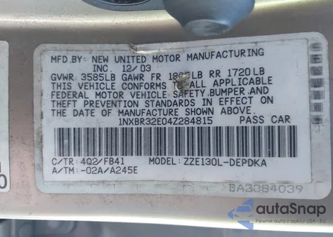 2004 Toyota Corolla Ce из США, поврежденный, VIN 1NXBR32E04Z284815